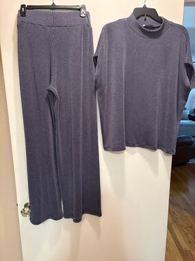 Zenana Outfitters Ribbed Knit Boot Cut Pants & Top Set in Lavender Blue